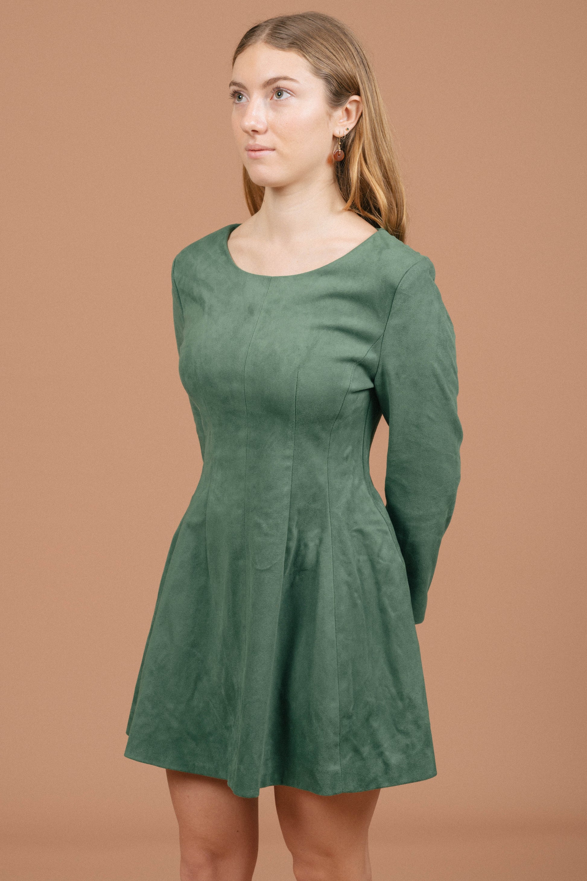 Vintage emerald velvet mini A-line dress neckline and hem detail - Lemon Lane Vintage