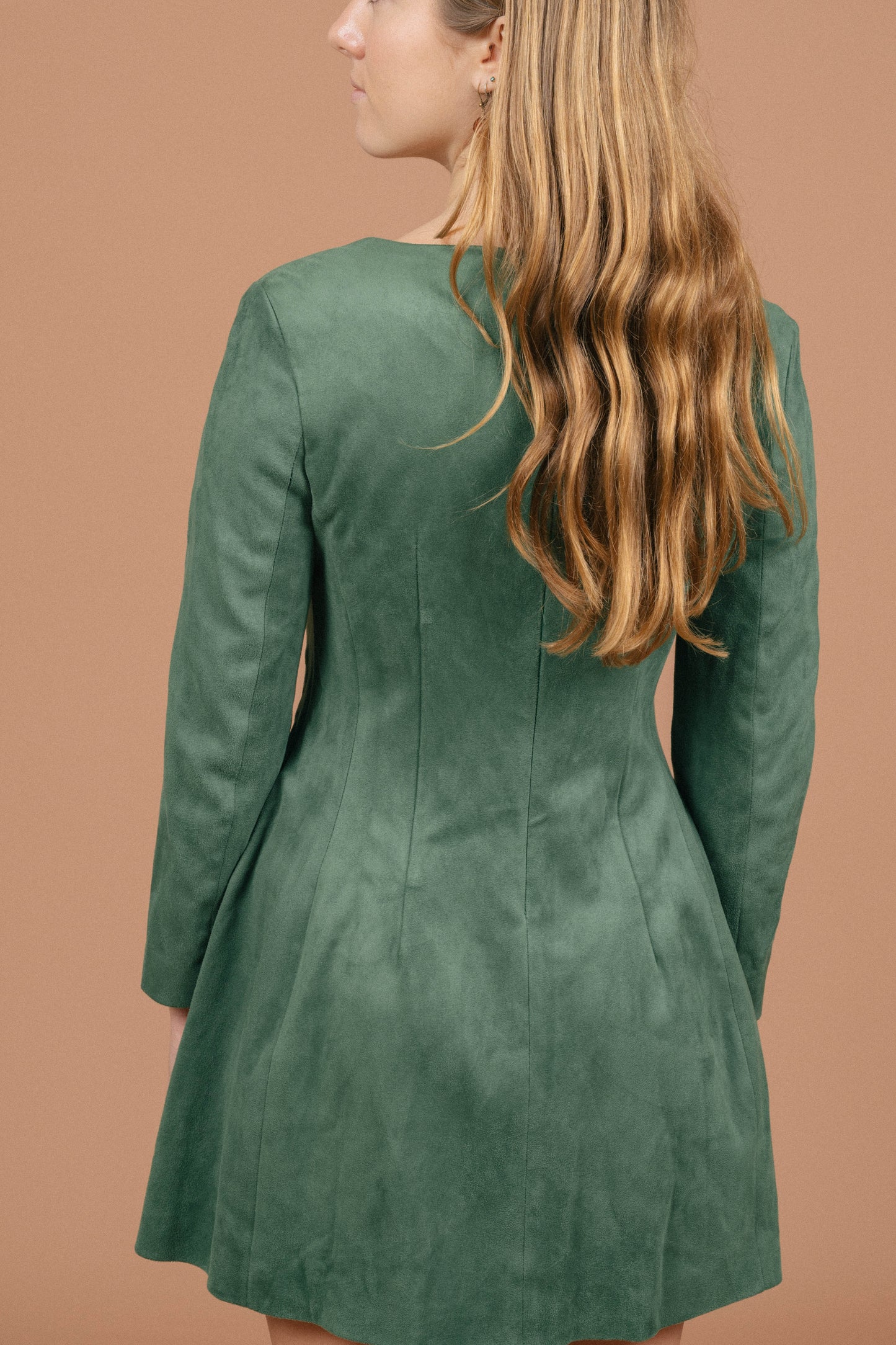 Vintage emerald velvet long sleeve mini A-line dress back view - Lemon Lane Vintage