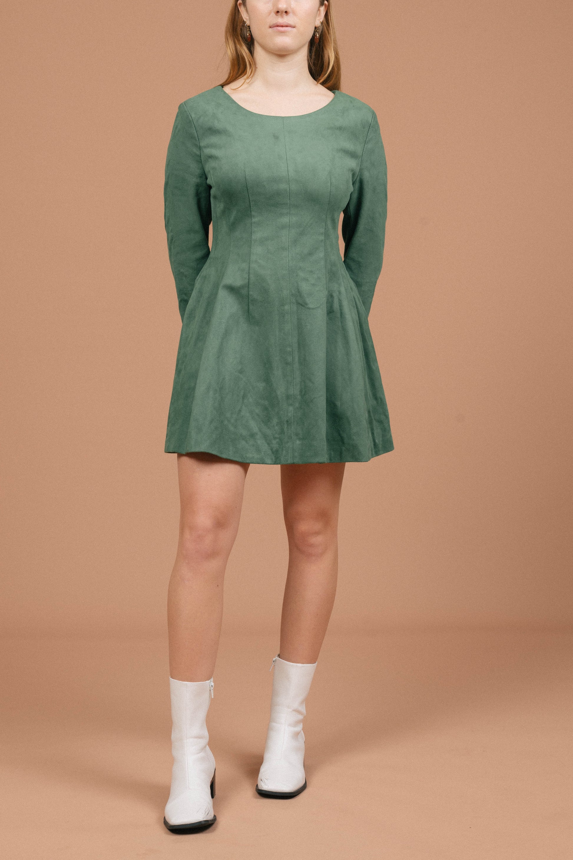 Vintage emerald velvet long sleeve mini A-line dress front view - Lemon Lane Vintage