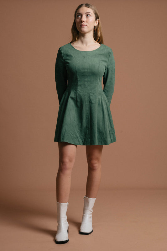 Vintage emerald velvet long sleeve mini A-line dress front view - Lemon Lane Vintage