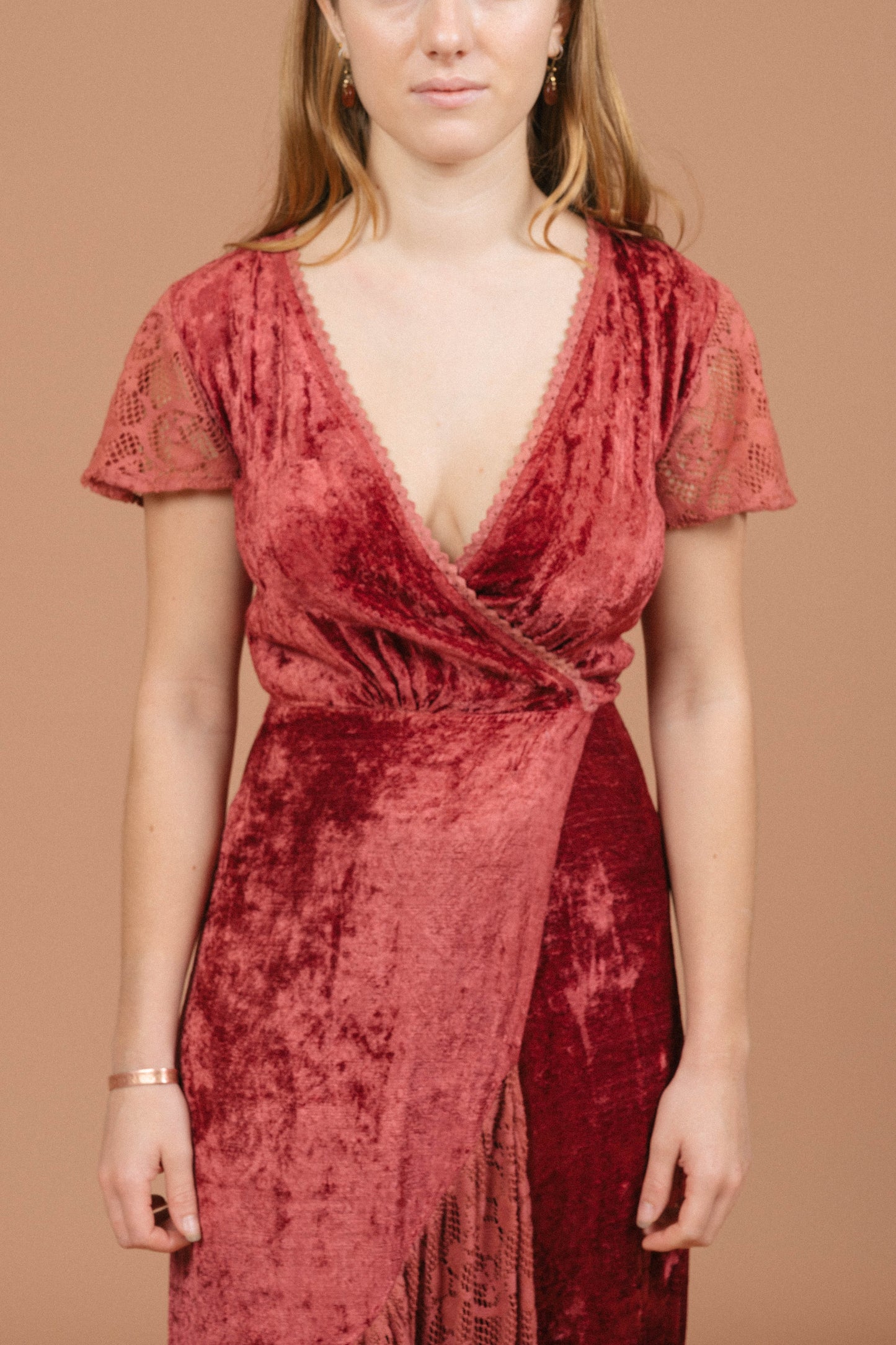 Vintage rose pink velvet wrap dress neckline detail - Lemon Lane Vintage