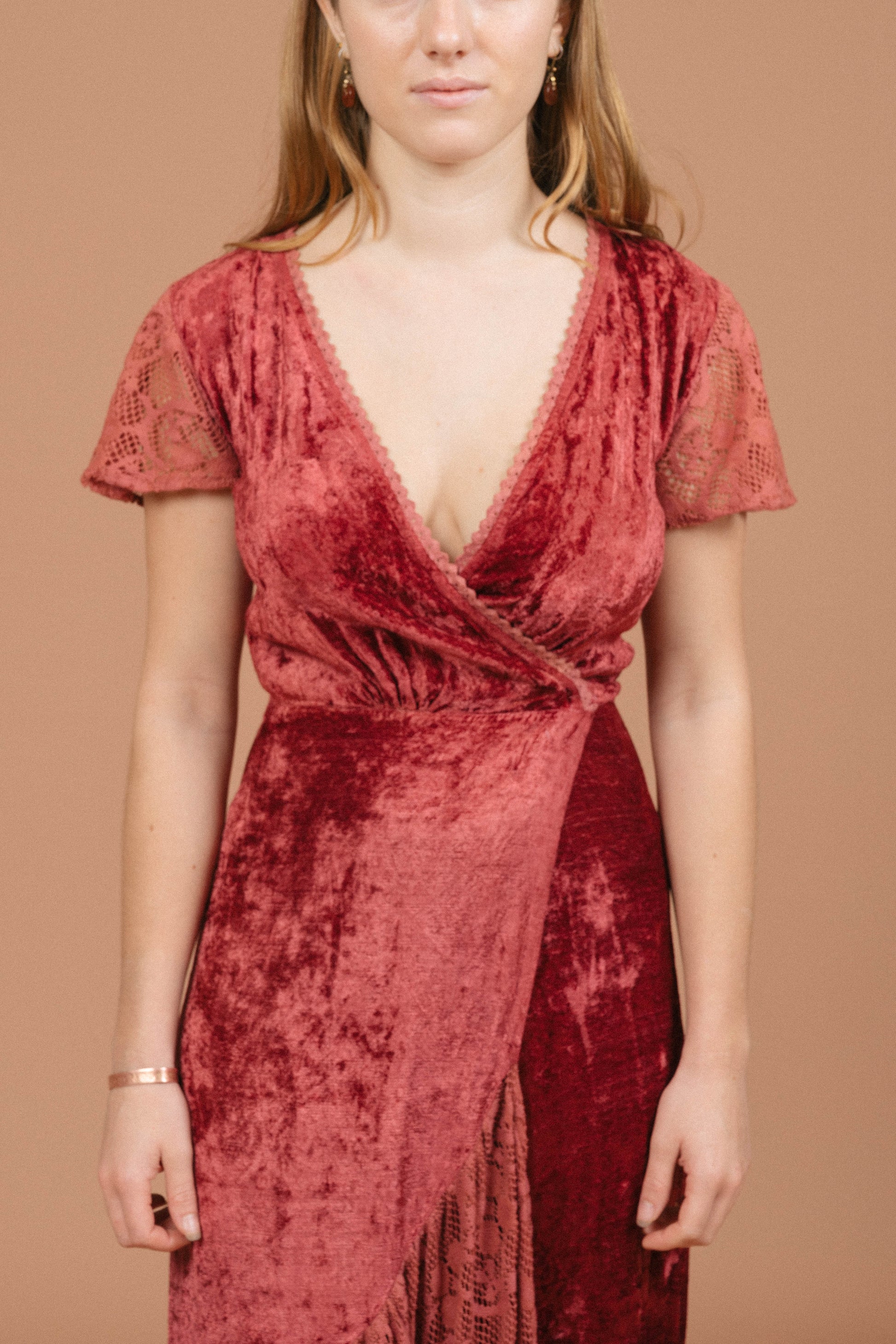 Vintage rose pink velvet wrap dress neckline detail - Lemon Lane Vintage