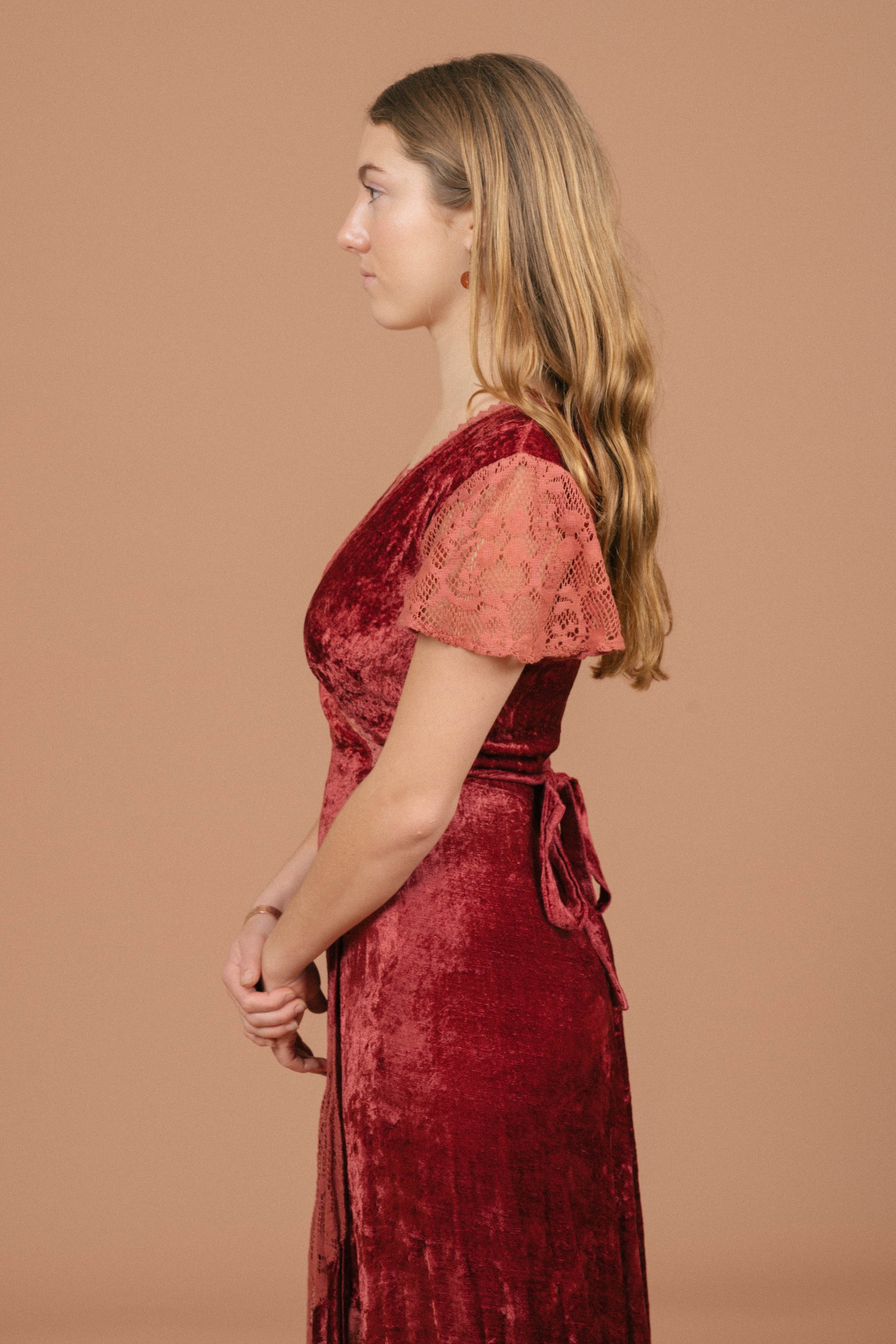 Vintage rose pink velvet wrap dress with lace detailing side view - Lemon Lane Vintage