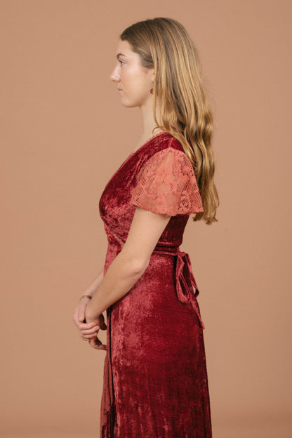 Vintage rose pink velvet wrap dress with lace detailing side view - Lemon Lane Vintage