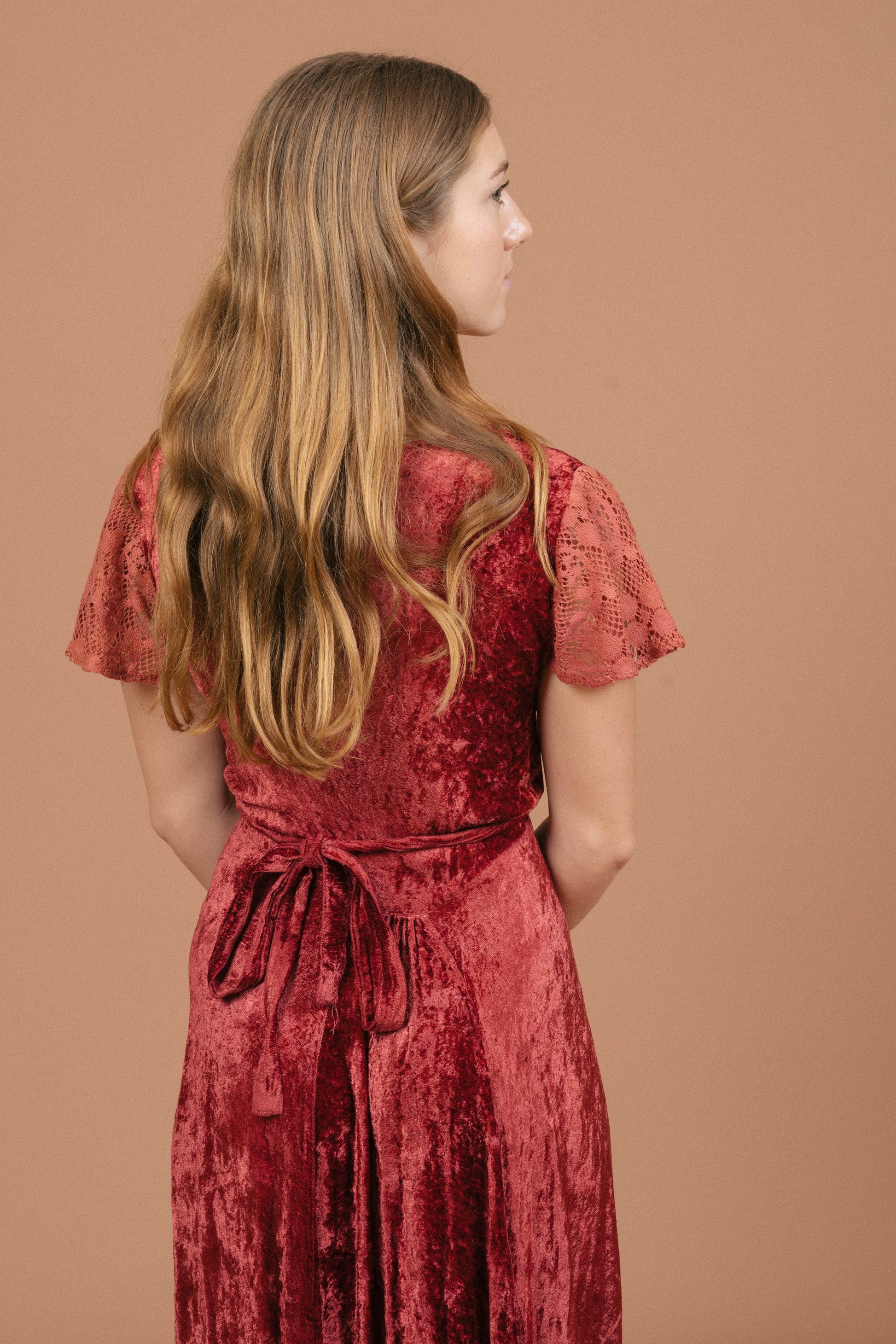 Vintage rose pink velvet wrap dress wrap tie - Lemon Lane Vintage