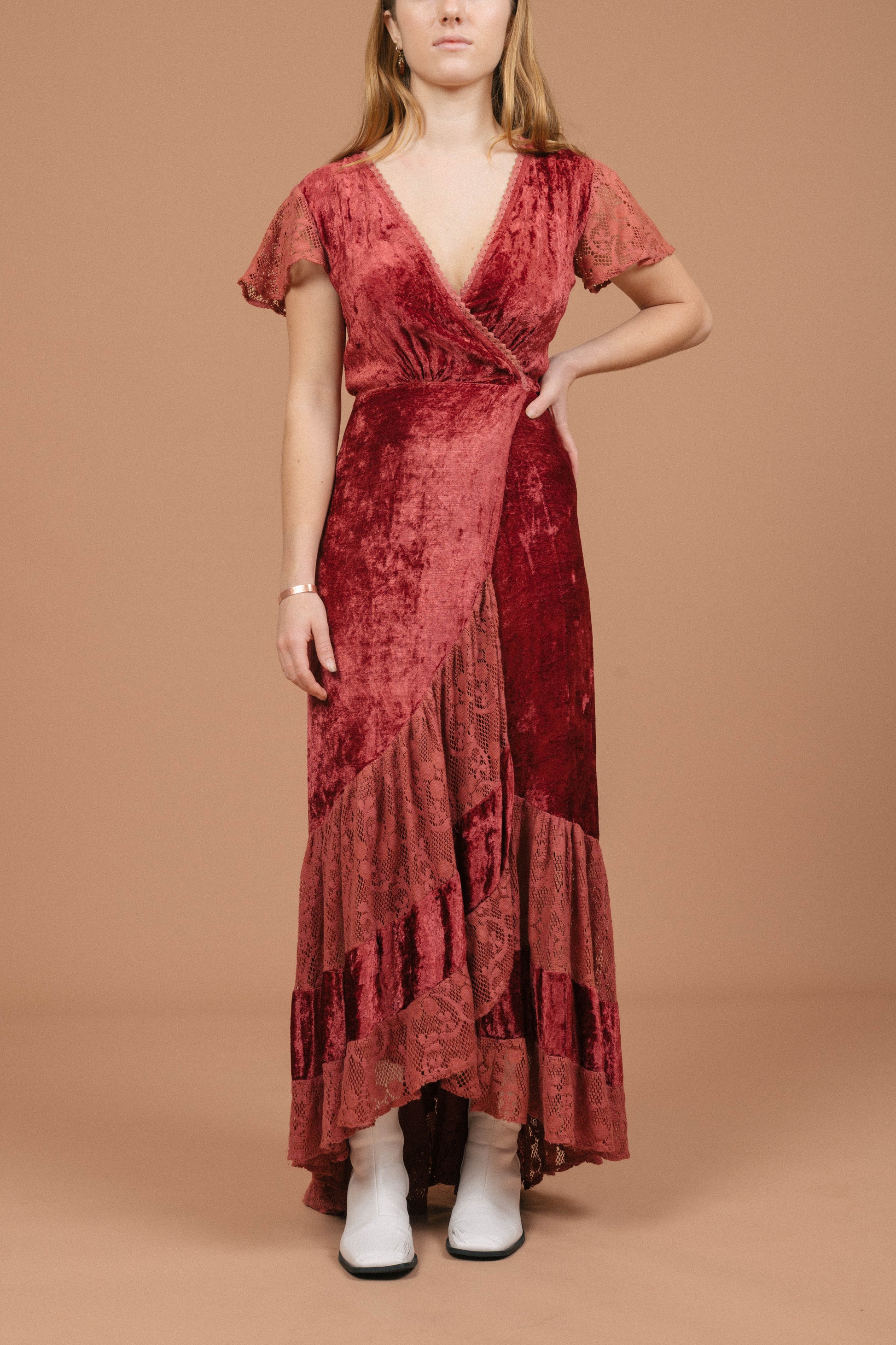 Vintage rose pink velvet wrap dress with lace detailing front view - Lemon Lane Vintage
