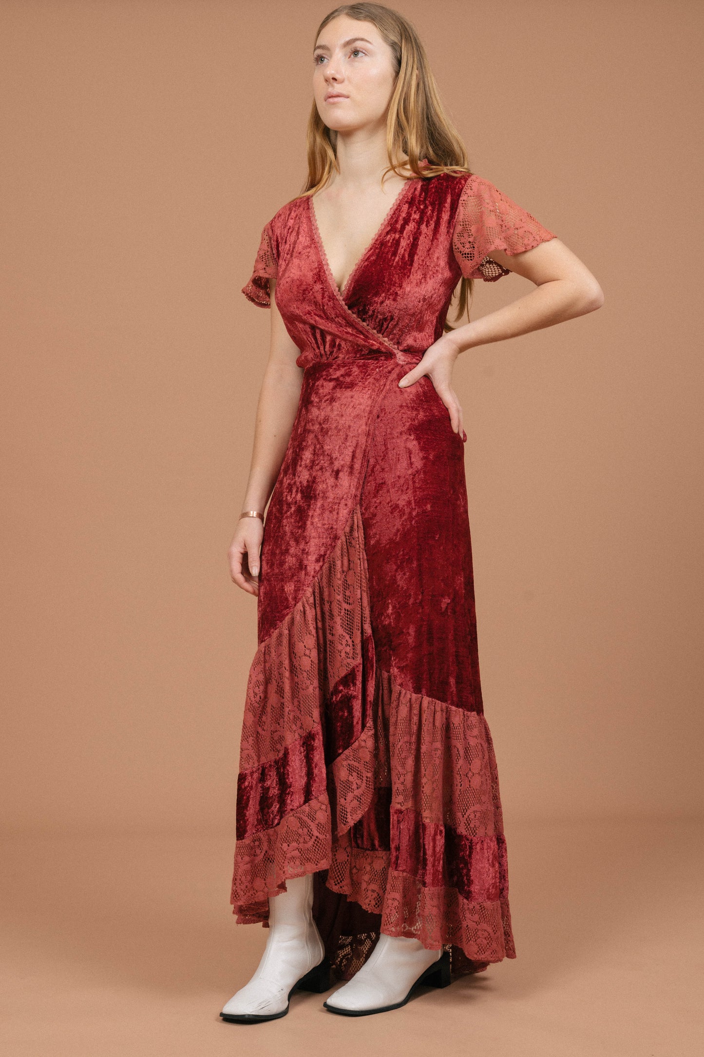 Vintage rose pink velvet wrap dress with lace detailing front view - Lemon Lane Vintage