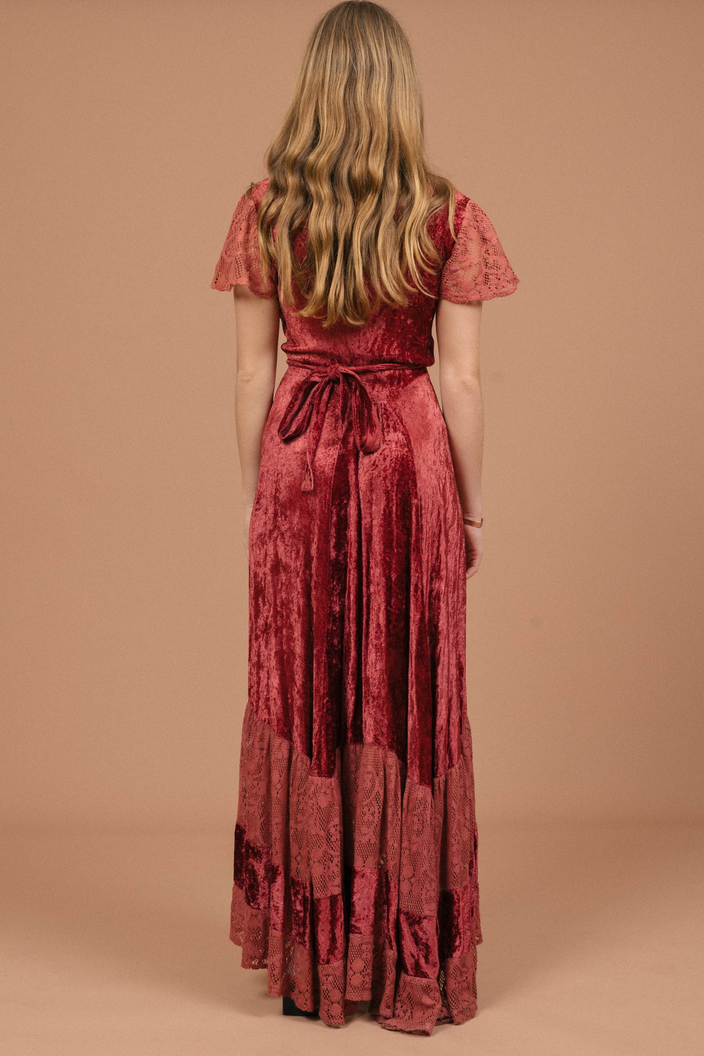 Vintage rose pink velvet wrap dress with lace detailing back view - Lemon Lane Vintage