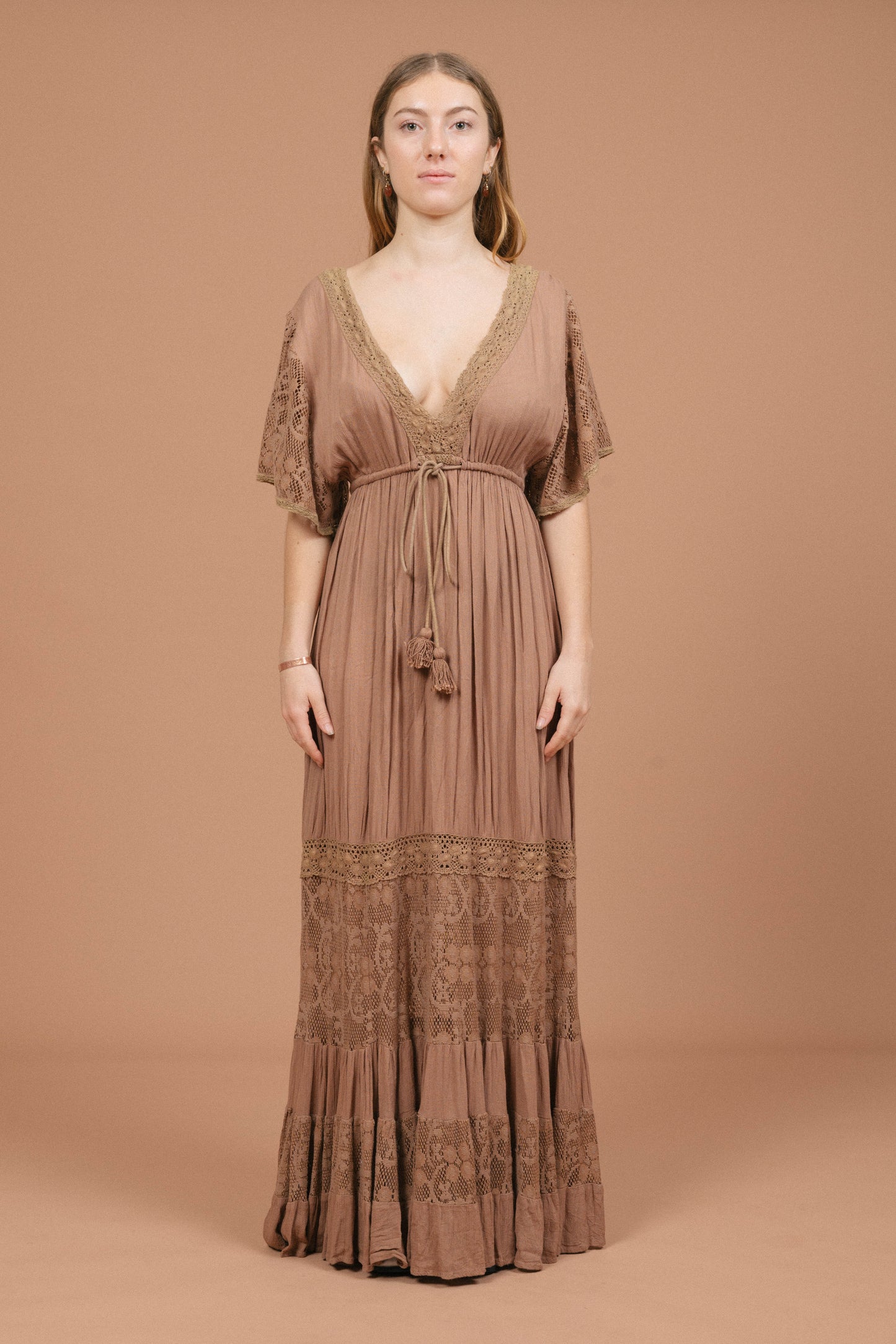 Vintage mocha maxi dress with lace detailing and adjustable waist front view - Lemon Lane Vintage