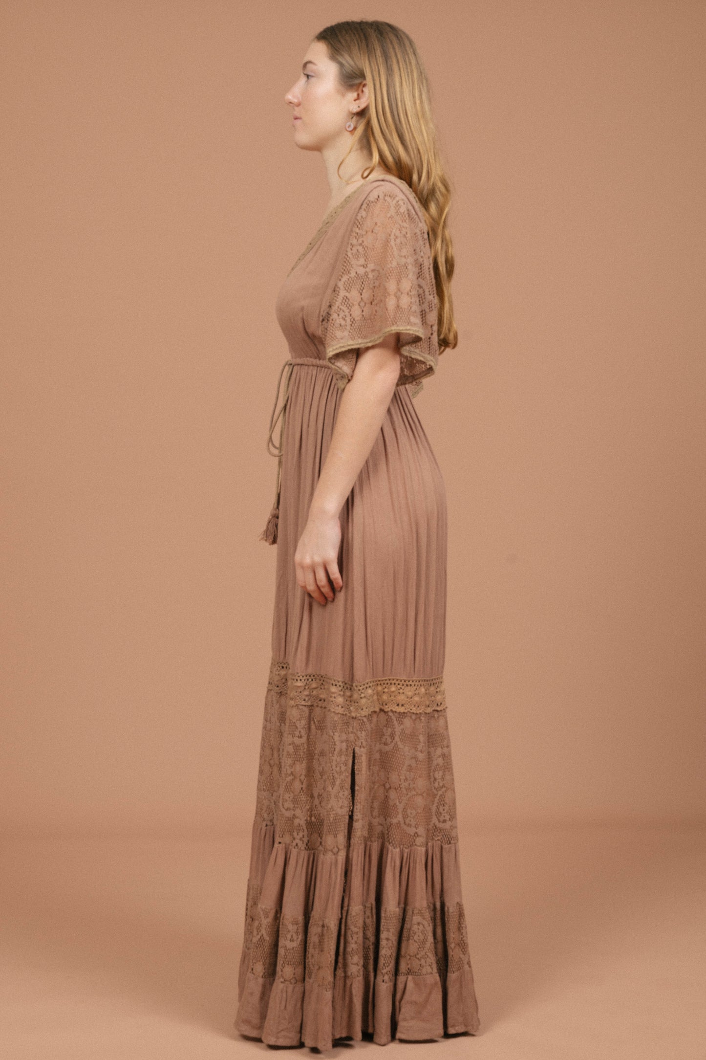 Vintage mocha maxi dress with lace detailing and adjustable waist side view - Lemon Lane Vintage