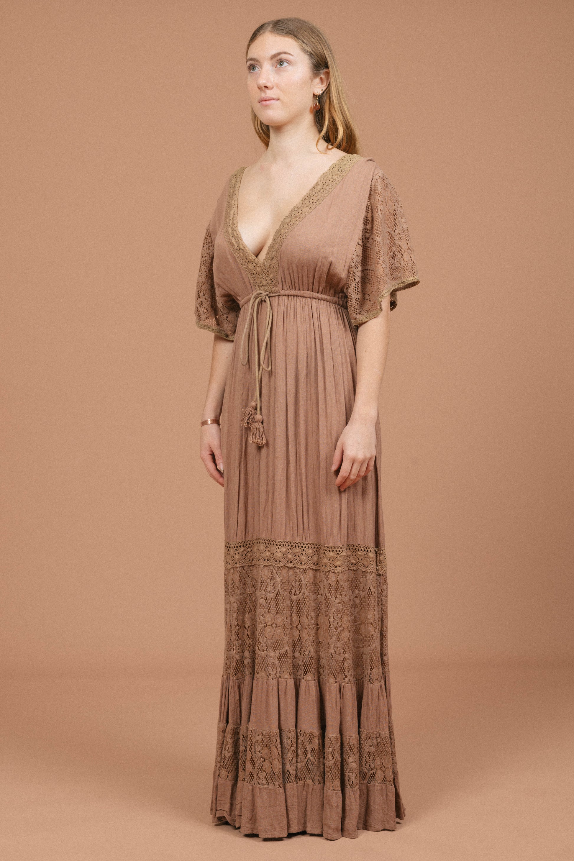 Vintage mocha maxi dress with lace detailing and adjustable waist side view - Lemon Lane Vintage