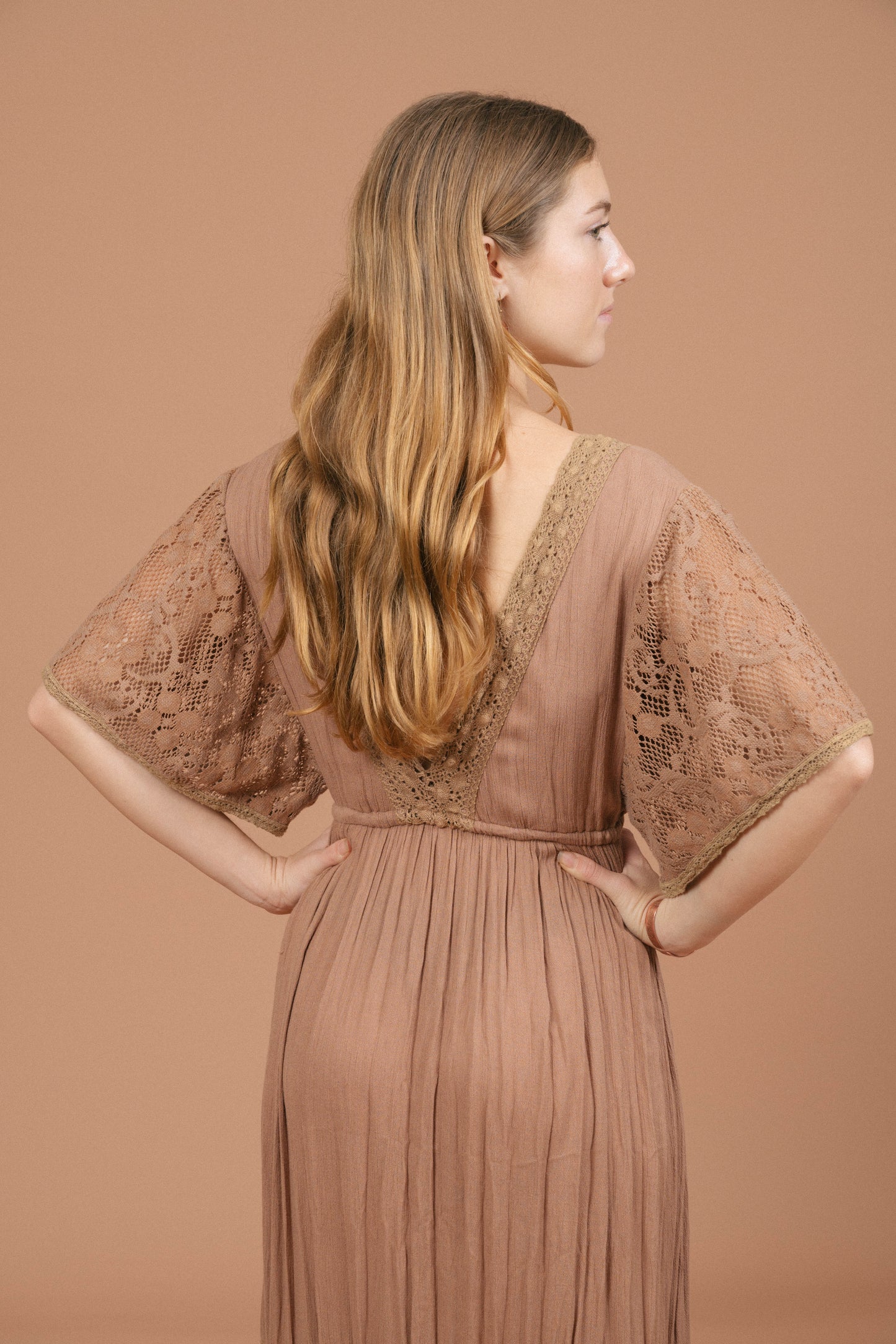 Vintage mocha maxi dress with lace detailing and adjustable waist back view - Lemon Lane Vintage