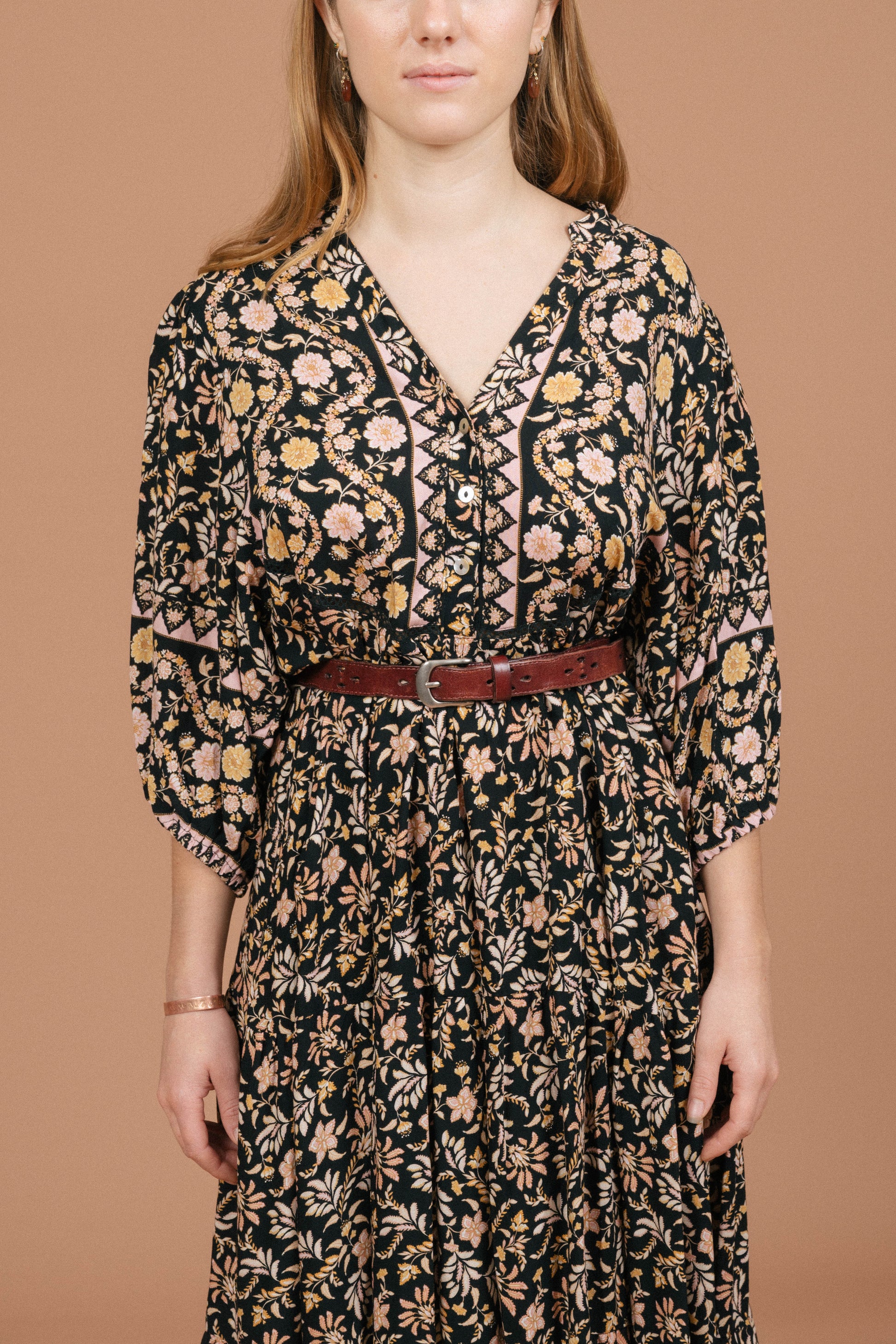Vintage black floral midi dress puffy sleeve, neckline, and front button detail - Lemon Lane Vintage