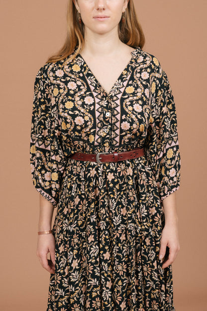 Vintage black floral midi dress puffy sleeve, neckline, and front button detail - Lemon Lane Vintage
