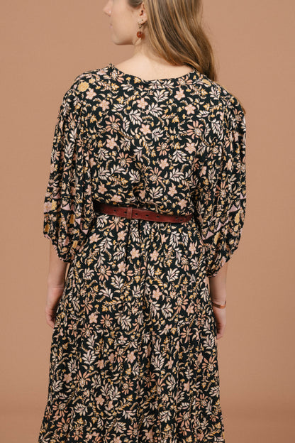 Vintage black floral midi dress floral pattern and fabric texture detail - Lemon Lane Vintage