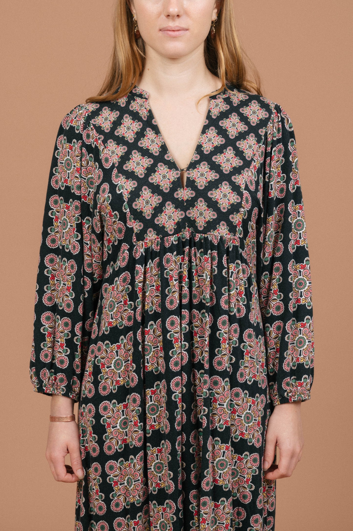 Vintage long sleeved black and multi-coloured maxi dress neckline and sleeve detail - Lemon Lane Vintage