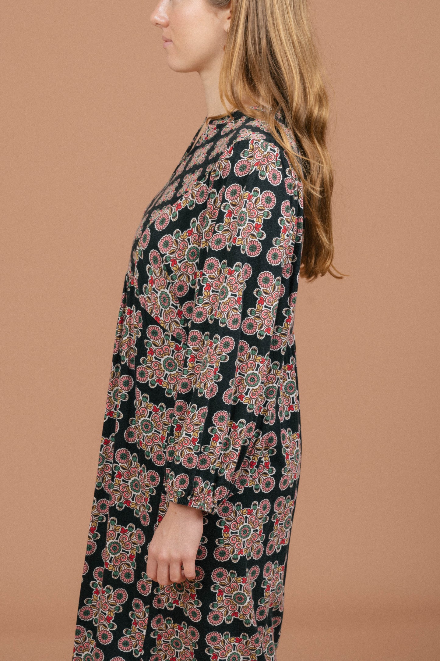 Vintage long sleeved black and multi-coloured maxi dress sleeve detail - Lemon Lane Vintage