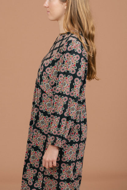Vintage long sleeved black and multi-coloured maxi dress sleeve detail - Lemon Lane Vintage