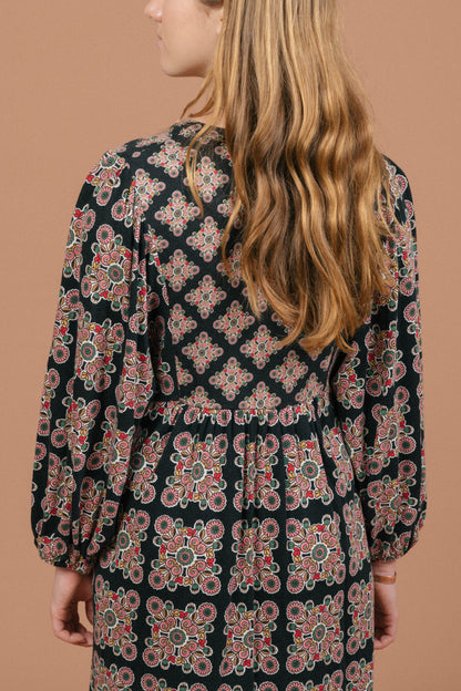 Vintage long sleeved black and multi-coloured maxi dress geometric pattern and fabric texture detail - Lemon Lane Vintage