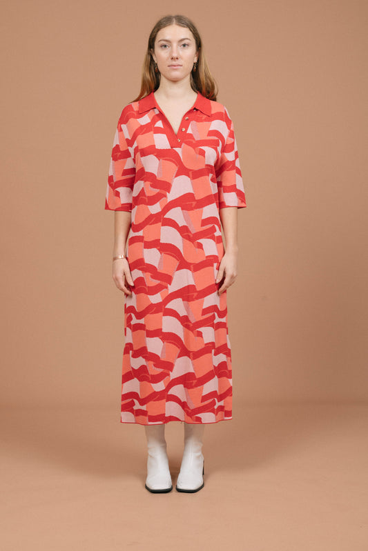 Vintage pink midi collared knit slip dress with mid-length sleeves and front buttons front view - Lemon Lane Vintage