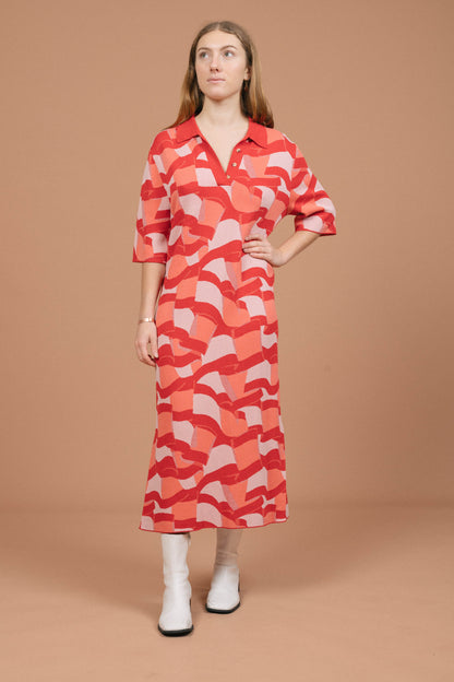 Vintage pink midi collared knit slip dress with mid-length sleeves and front buttons front view - Lemon Lane Vintage
