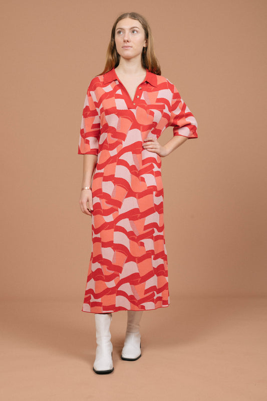 Vintage pink midi collared knit slip dress with mid-length sleeves and front buttons front view - Lemon Lane Vintage