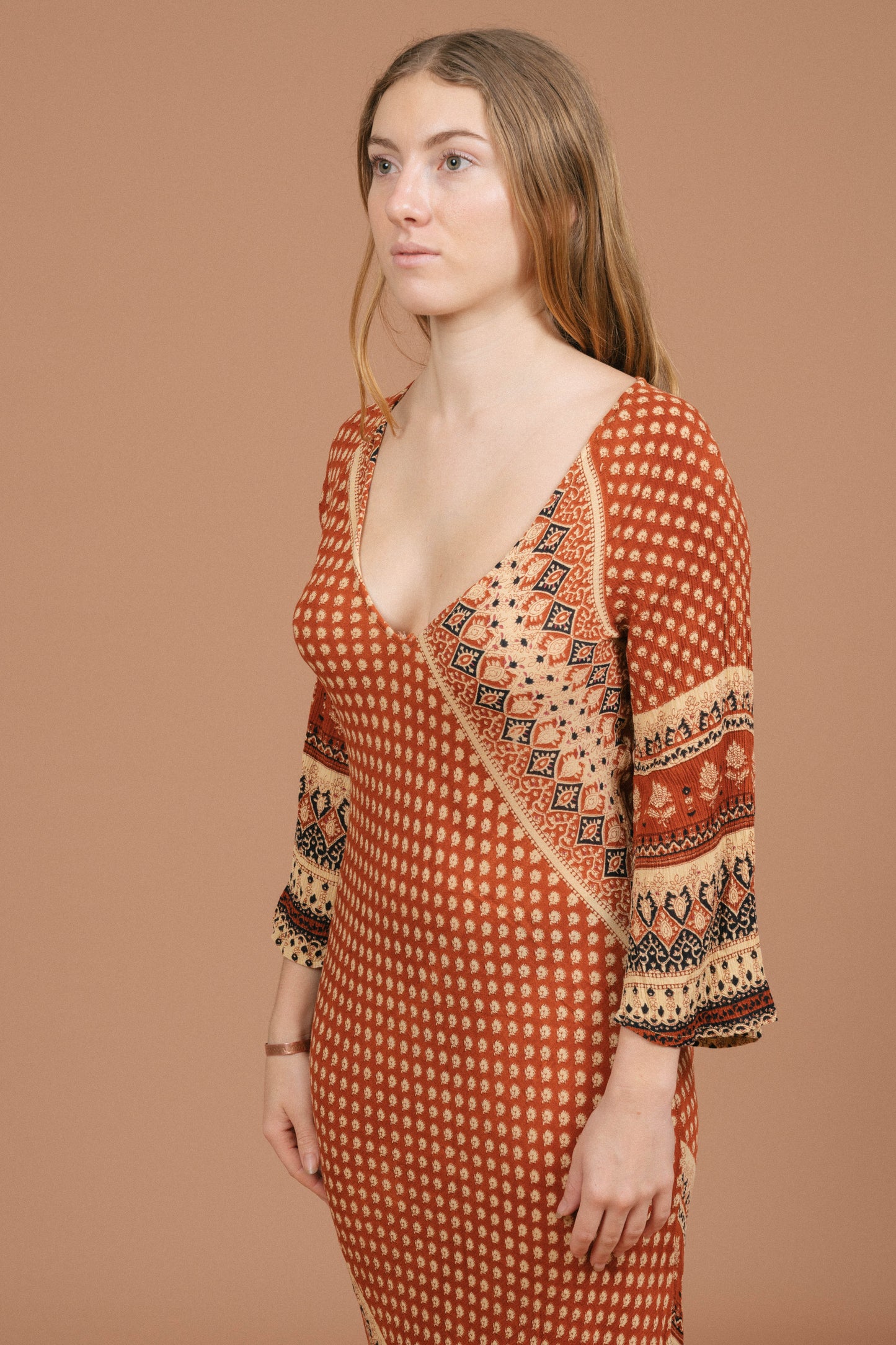 Vintage long bell sleeved slip maxi dress fabric texture and bell sleeve detail - Lemon Lane Vintage