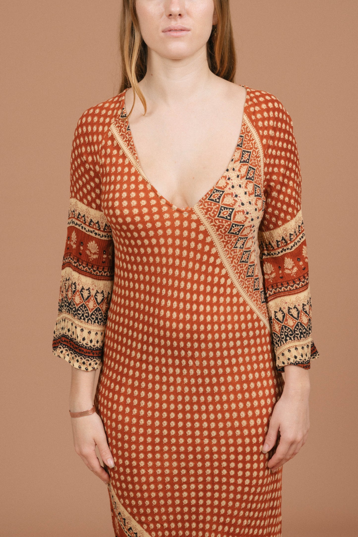 Vintage long bell sleeved slip maxi dress neckline and multi-coloured pattern detail - Lemon Lane Vintage