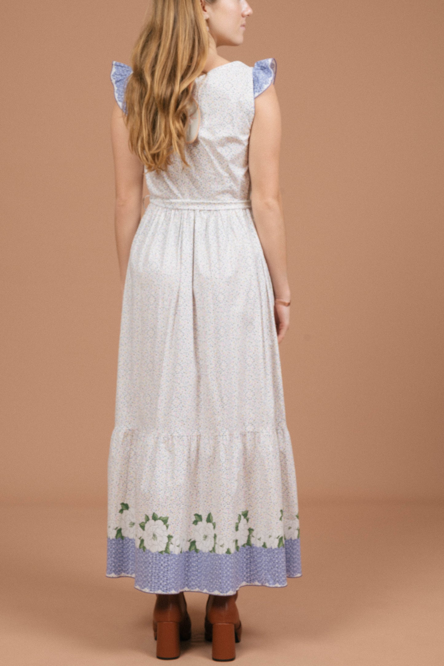 Vintage floral and polkadot prairie cottage core maxi dress with ruffle detailing in white and multi-coloured fabric back view - Lemon Lane Vintage