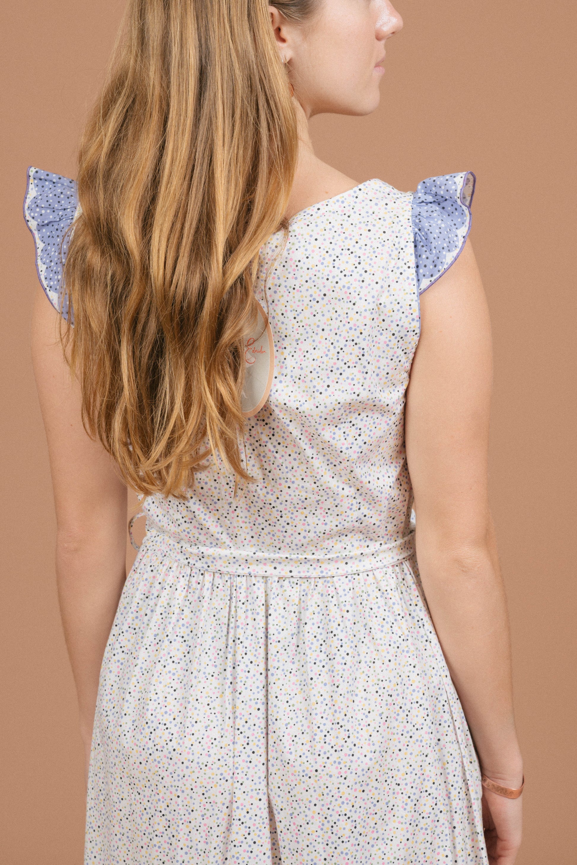 Vintage floral and polkadot prairie cottage core maxi dress ruffle, fabric texture, and pattern detail - Lemon Lane Vintage"
