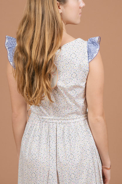 Vintage floral and polkadot prairie cottage core maxi dress ruffle, fabric texture, and pattern detail - Lemon Lane Vintage"
