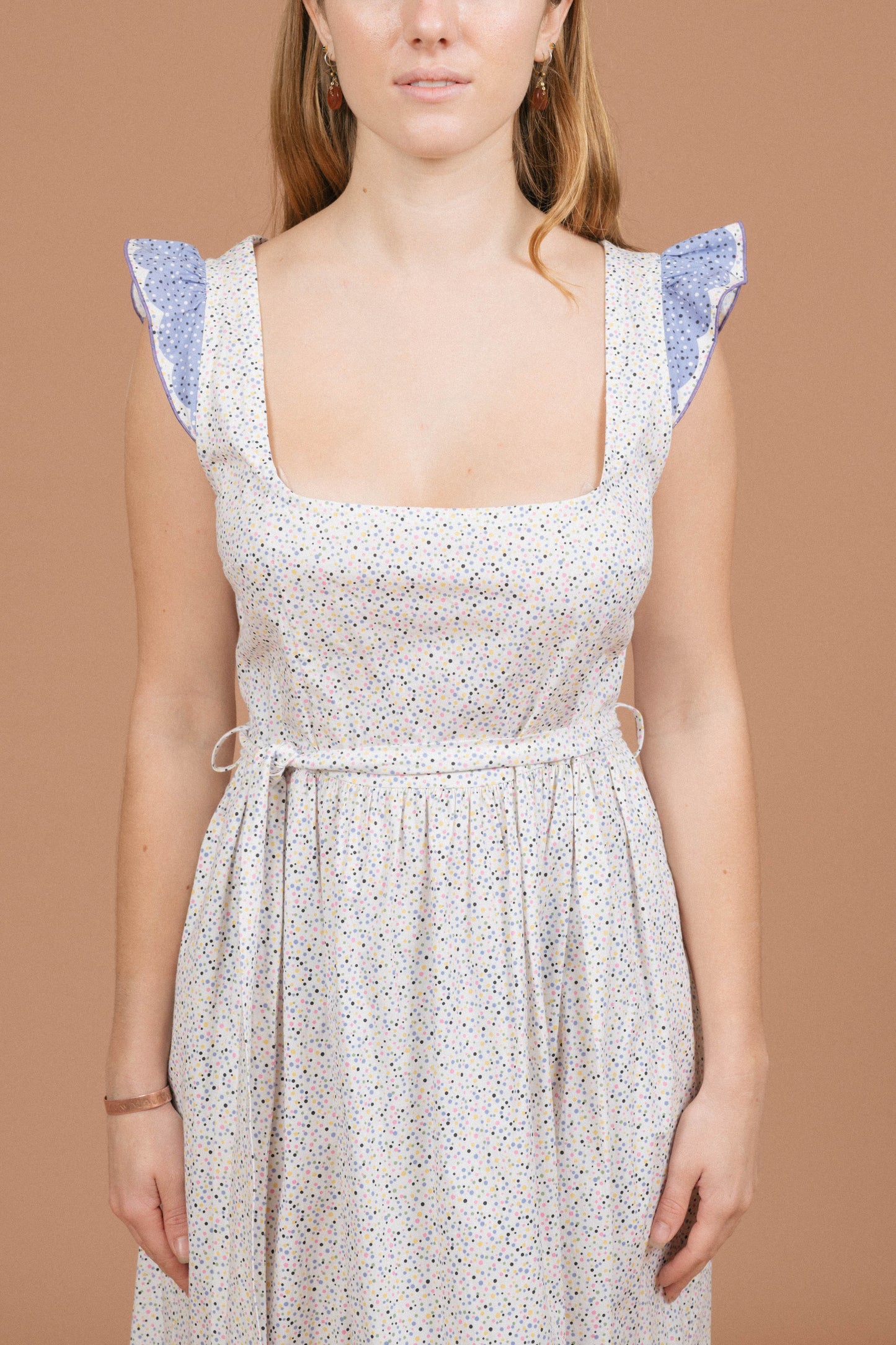 Vintage floral and polkadot prairie cottage core maxi dress neckline and sleeve detail - Lemon Lane Vintage