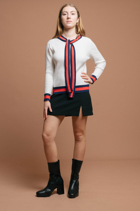 Vintage long sleeved knit with neck tie in white red and navy front view - Lemon Lane Vintage