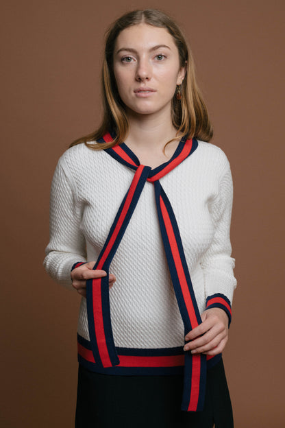 Vintage long sleeved knit neck tie detail in white red and navy - Lemon Lane Vintage