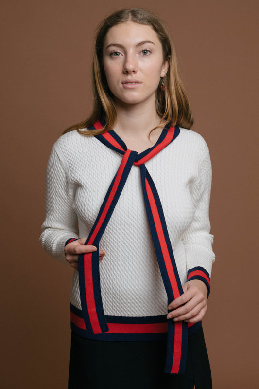 Vintage long sleeved knit neck tie detail in white red and navy - Lemon Lane Vintage