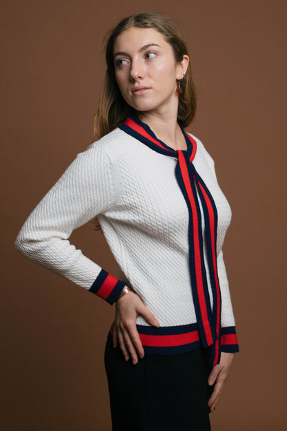 Vintage long sleeved knit with neck tie in white red and navy side view - Lemon Lane Vintage