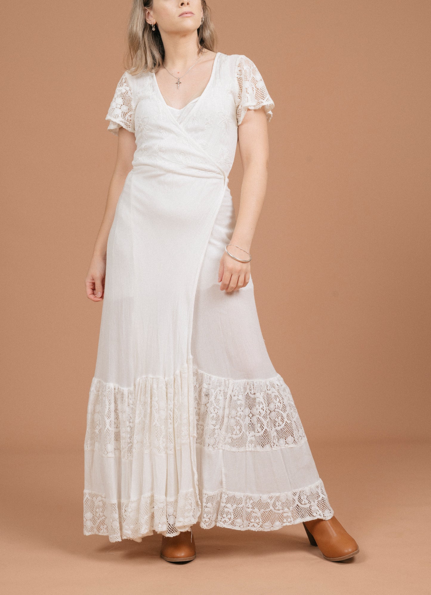 Vintage white wrap dress with lace detailing front view - Lemon Lane Vintage