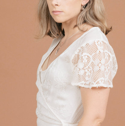 Vintage white wrap dress lace sleeve detail - Lemon Lane Vintage