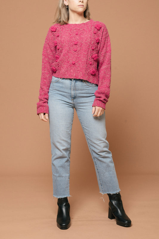 Vintage long sleeve pink knitted jumper front view - Lemon Lane Vintage